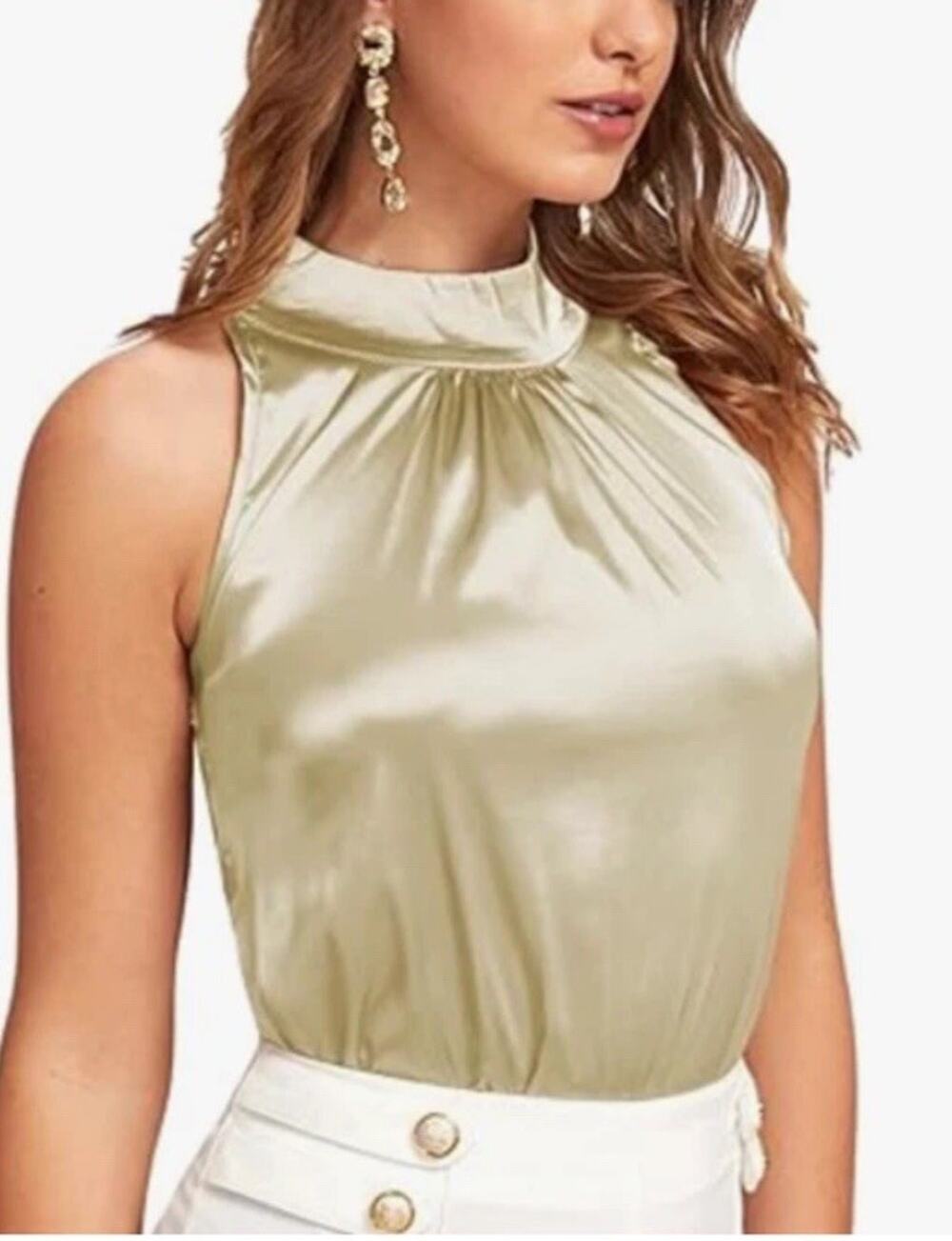 NEW Milumia Elegant Keyhole Sleeveless Satin Halter Tank Blouse Size Small